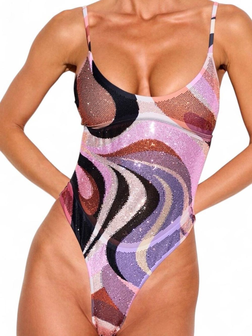 Pink Multi Sequin One-Piece Swimsuit